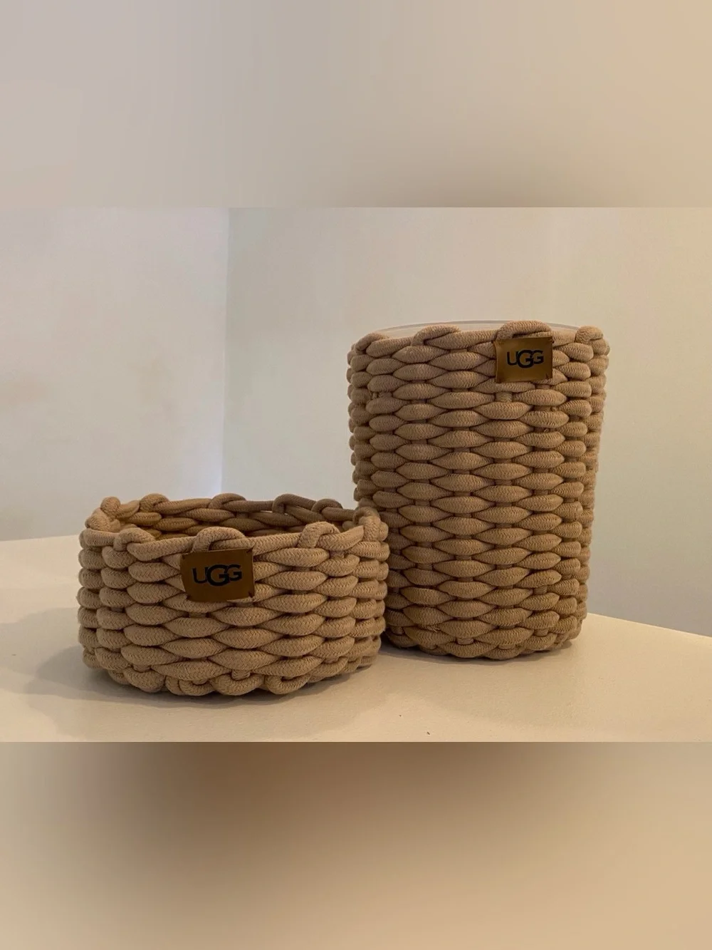 UGG Beige Chunky Woven Rope Storage Basket & Wastebasket 2-Piece Set